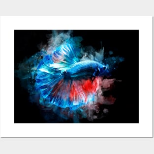 Blue and Red Betta Fish watercolor Posters and Art